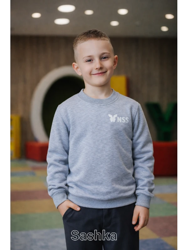 Толстовка для хлопчика сіра з логотипом школи NSS, розмір 116-176